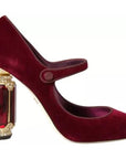 Dolce & Gabbana Red Velvet Gold Crystals Heels Mary Janes Shoes