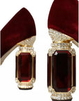 Dolce & Gabbana Red Velvet Gold Crystals Heels Mary Janes Shoes