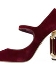 Dolce & Gabbana Red Velvet Gold Crystals Heels Mary Janes Shoes