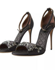 Dolce & Gabbana Gray Satin Ankle Strap Crystal Sandals Shoes