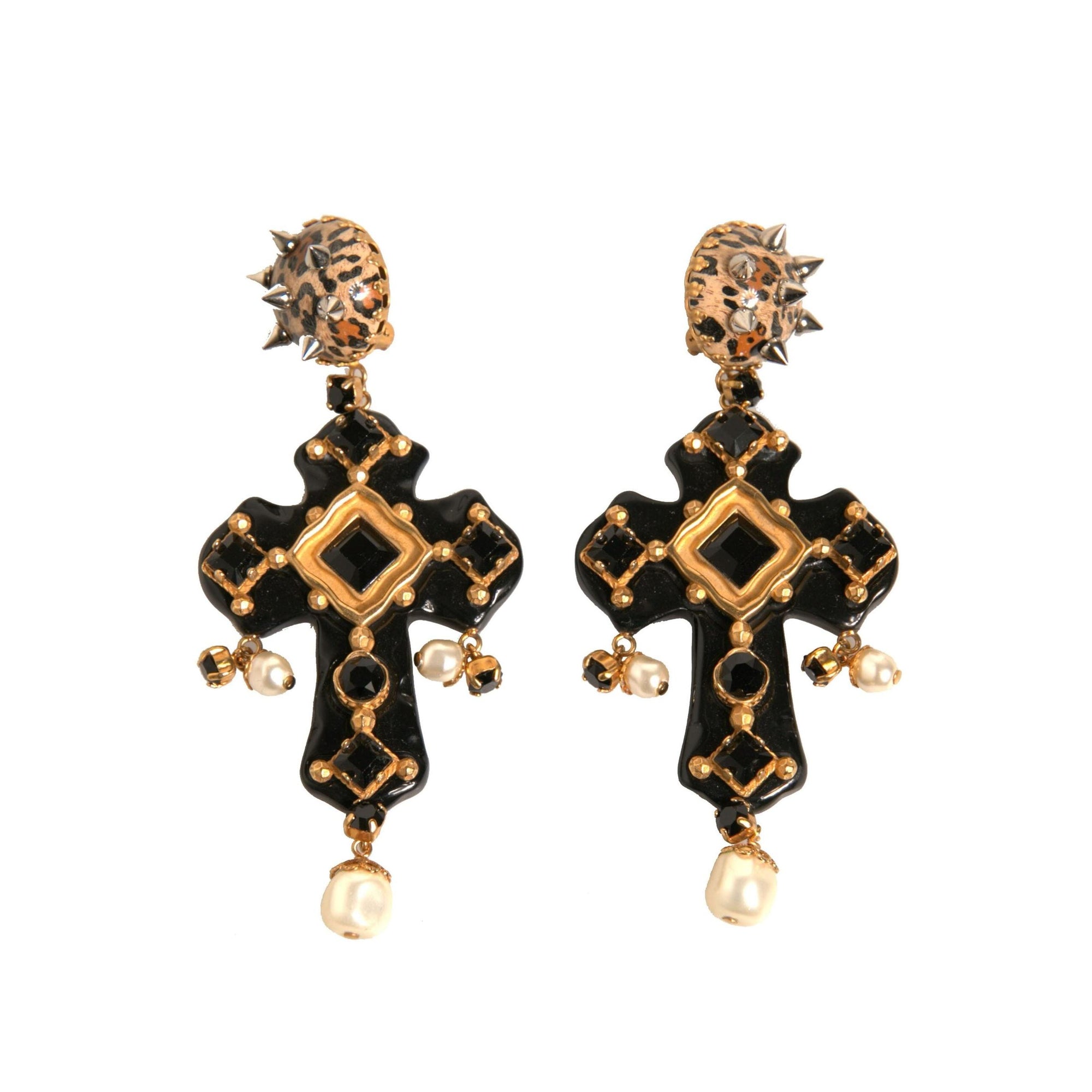 Dolce & Gabbana Black Crystal Cross Crystal Embellished Gold Clip On Earrings