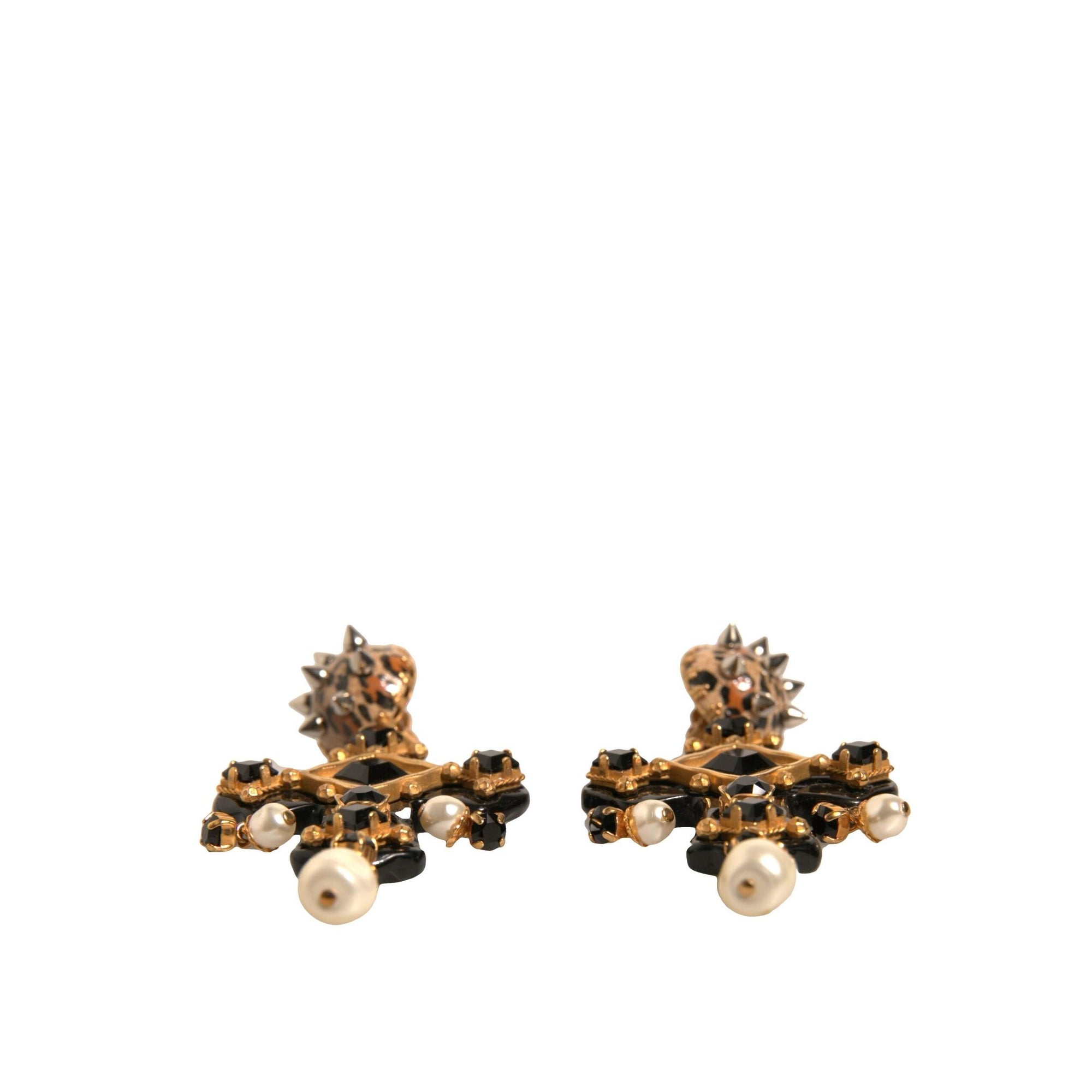 Dolce & Gabbana Black Crystal Cross Crystal Embellished Gold Clip On Earrings