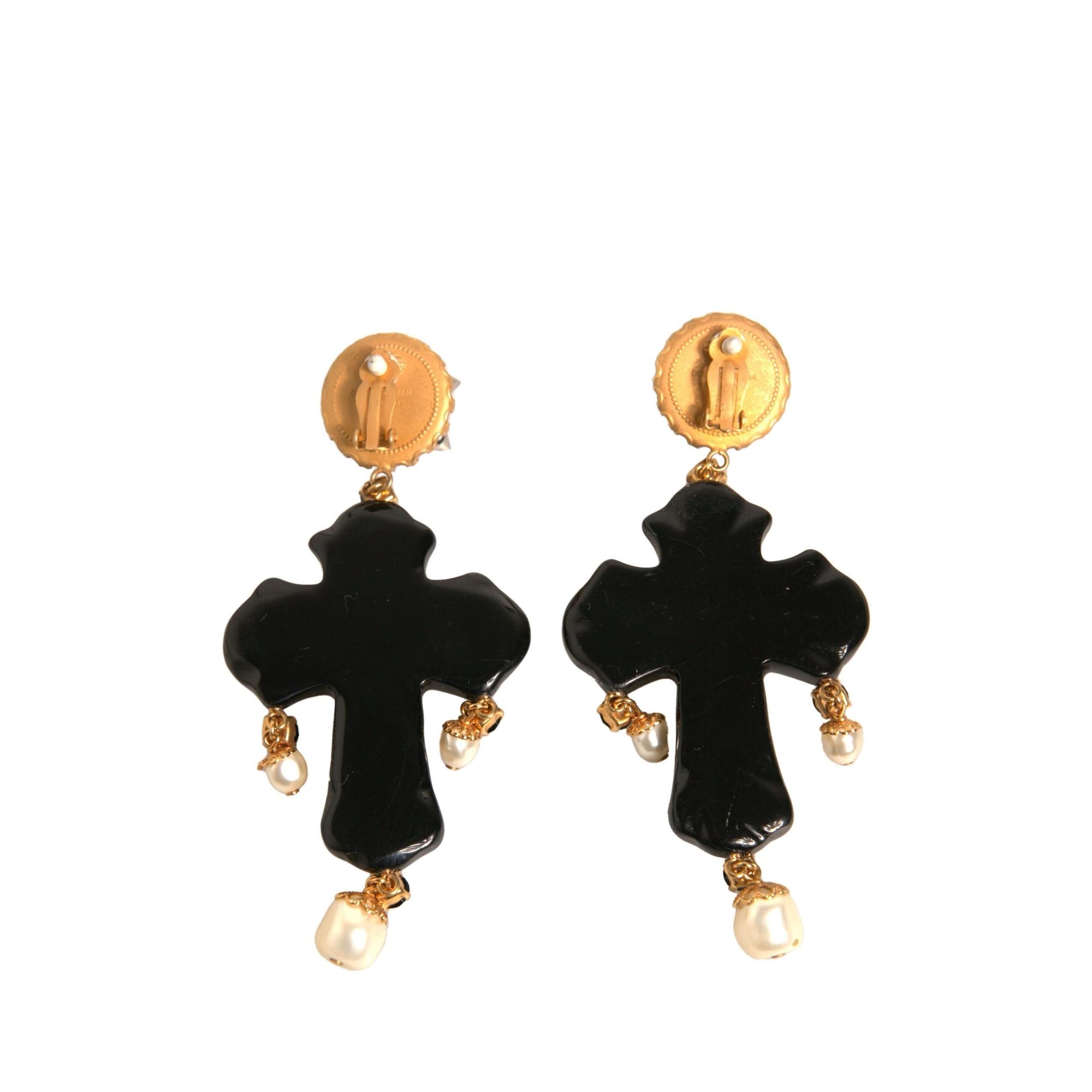 Dolce & Gabbana Black Crystal Cross Crystal Embellished Gold Clip On Earrings