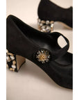 Dolce & Gabbana Black Suede Jewelled Mary Jane Pumps Shoes