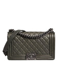 Chanel Dark Green Leather Shoulder Bag Gray Metal Purse Bag