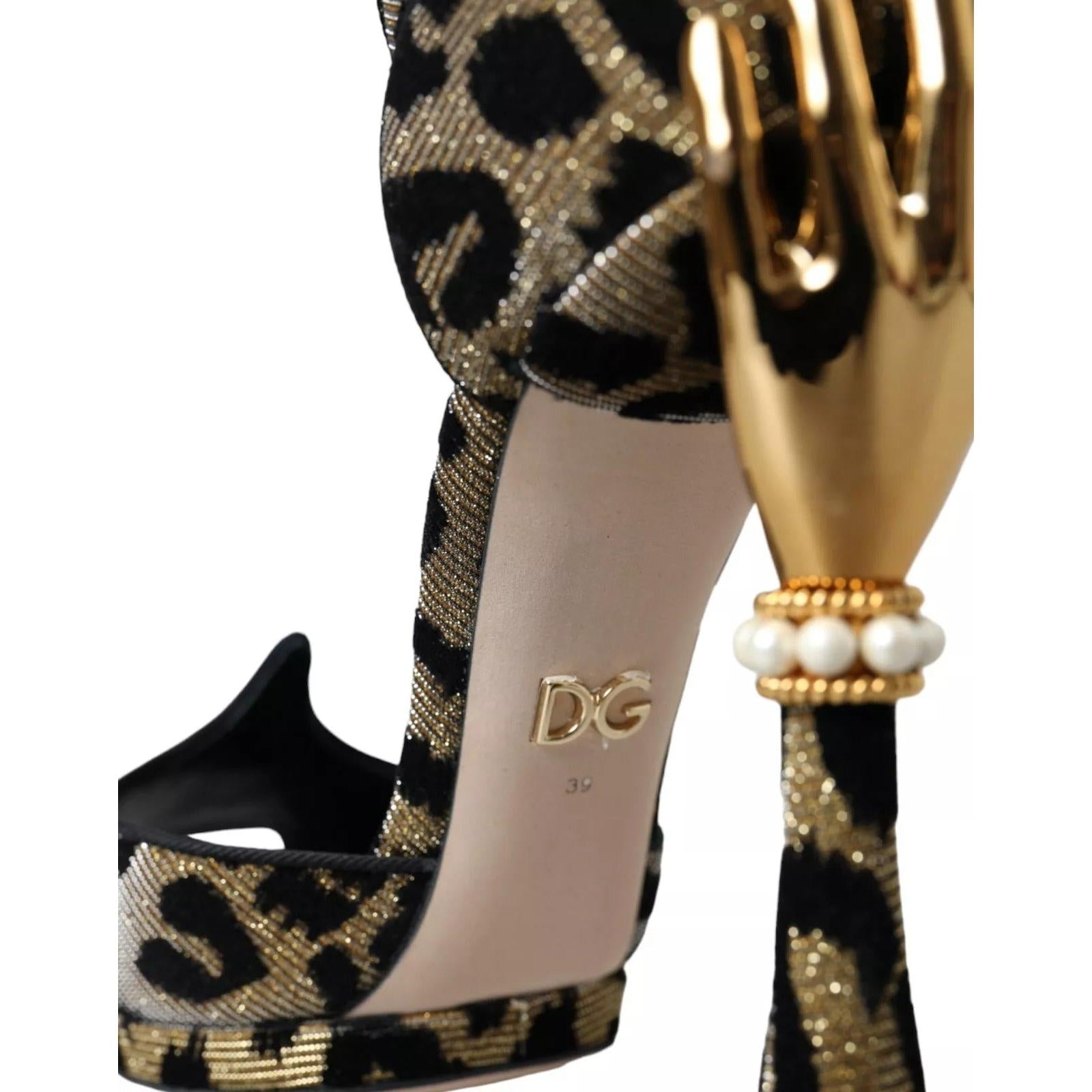 Dolce & Gabbana Gold Leopard Embellished Heel Sandals Shoes