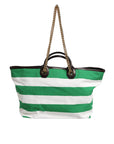 Dolce & Gabbana White Green Stripes Canvas Gold Chain Tote Bag