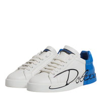 Dolce & Gabbana White Blue Logo Leather Portofino Sneaker Shoes