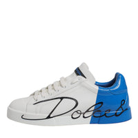 Dolce & Gabbana White Blue Logo Leather Portofino Sneaker Shoes