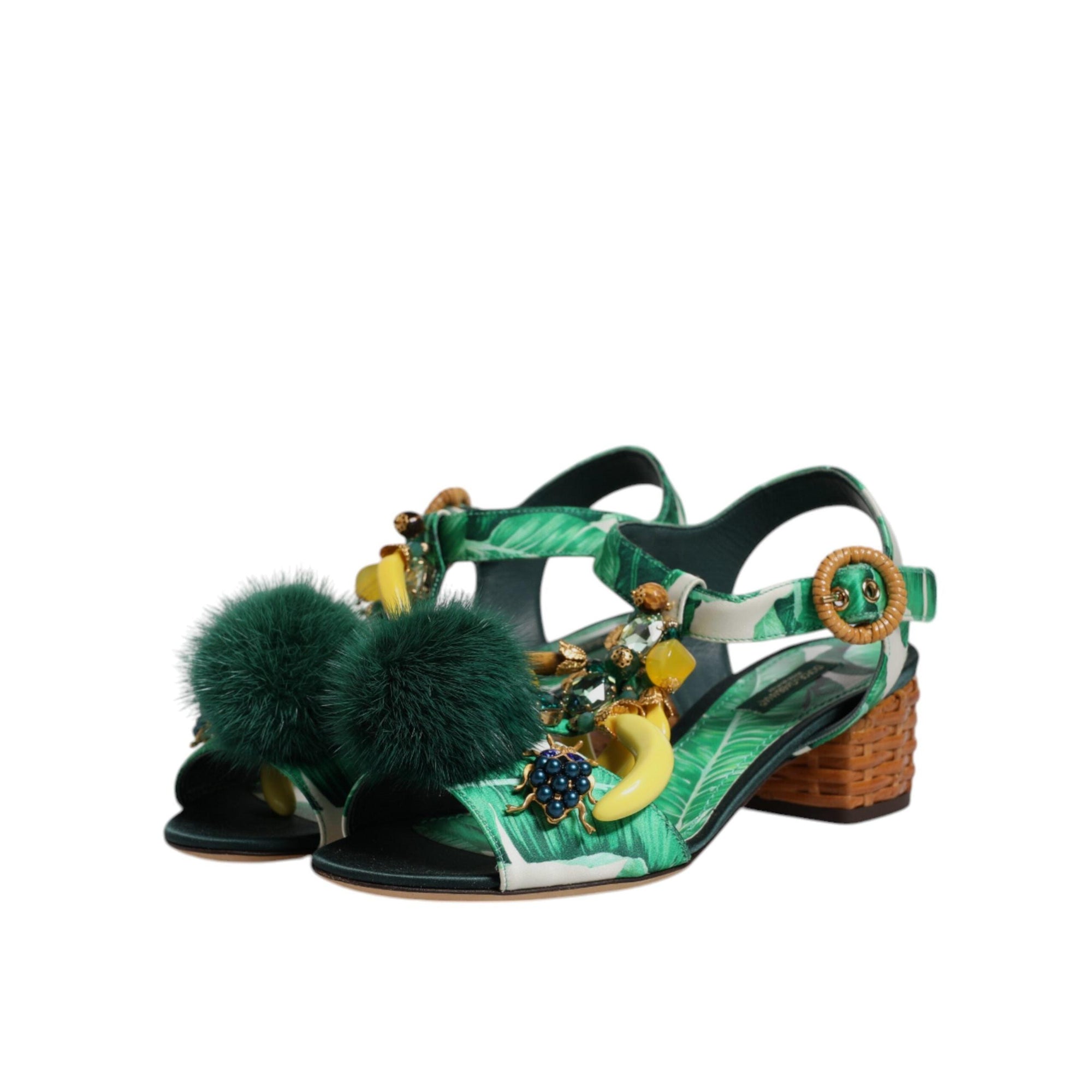 Dolce & Gabbana Green Crystal Fur Embellished Sandals Shoes