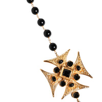 Dolce & Gabbana Gold Tone Brass Cross Black Beaded Chain Rosary Necklace