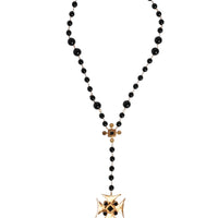 Dolce & Gabbana Gold Tone Brass Cross Black Beaded Chain Rosary Necklace