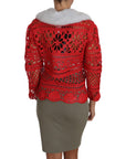 Dolce & Gabbana Elegant Red Crochet Knit Cardigan with Fur Collar
