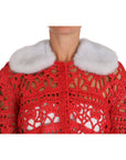 Dolce & Gabbana Elegant Red Crochet Knit Cardigan with Fur Collar