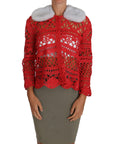 Dolce & Gabbana Elegant Red Crochet Knit Cardigan with Fur Collar