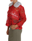 Dolce & Gabbana Elegant Red Crochet Knit Cardigan with Fur Collar