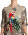 Dolce & Gabbana Gold Parrot Motif Crewneck Blouse with Crystals