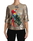 Dolce & Gabbana Gold Parrot Motif Crewneck Blouse with Crystals
