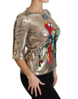 Dolce & Gabbana Gold Parrot Motif Crewneck Blouse with Crystals