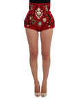 Dolce & Gabbana Red Silk Crystal-Embellished Mini Shorts