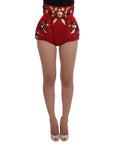 Dolce & Gabbana Red Silk Crystal-Embellished High Waist Shorts