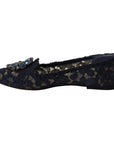 Dolce & Gabbana Blue Crystal Loafer Lace Ballet Flats Shoes