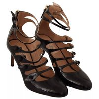 Valentino Black Multi Strap Leather Mid Heels Pumps Shoes