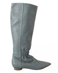 Valentino Blue Leather Elastic Flats Pull On Knee High Boots Shoes
