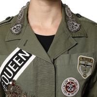 Dolce & Gabbana Military Green Queen Embellished Coat Jacket