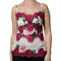 Dolce & Gabbana White Rose Print Satin Lace Tank Top Lingerie
