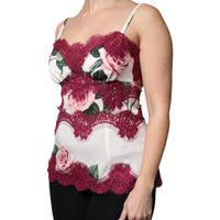 Dolce & Gabbana White Rose Print Satin Lace Tank Top Lingerie