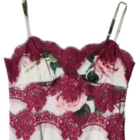 Dolce & Gabbana White Rose Print Satin Lace Tank Top Lingerie