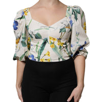 Dolce & Gabbana White Floral Puff Sleeves Crop Blouse Top