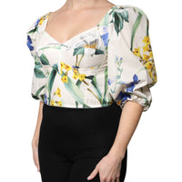 Dolce & Gabbana White Floral Puff Sleeves Crop Blouse Top