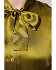 Dolce & Gabbana Olive Green Ascot Collar Long Sleeve Blouse Top