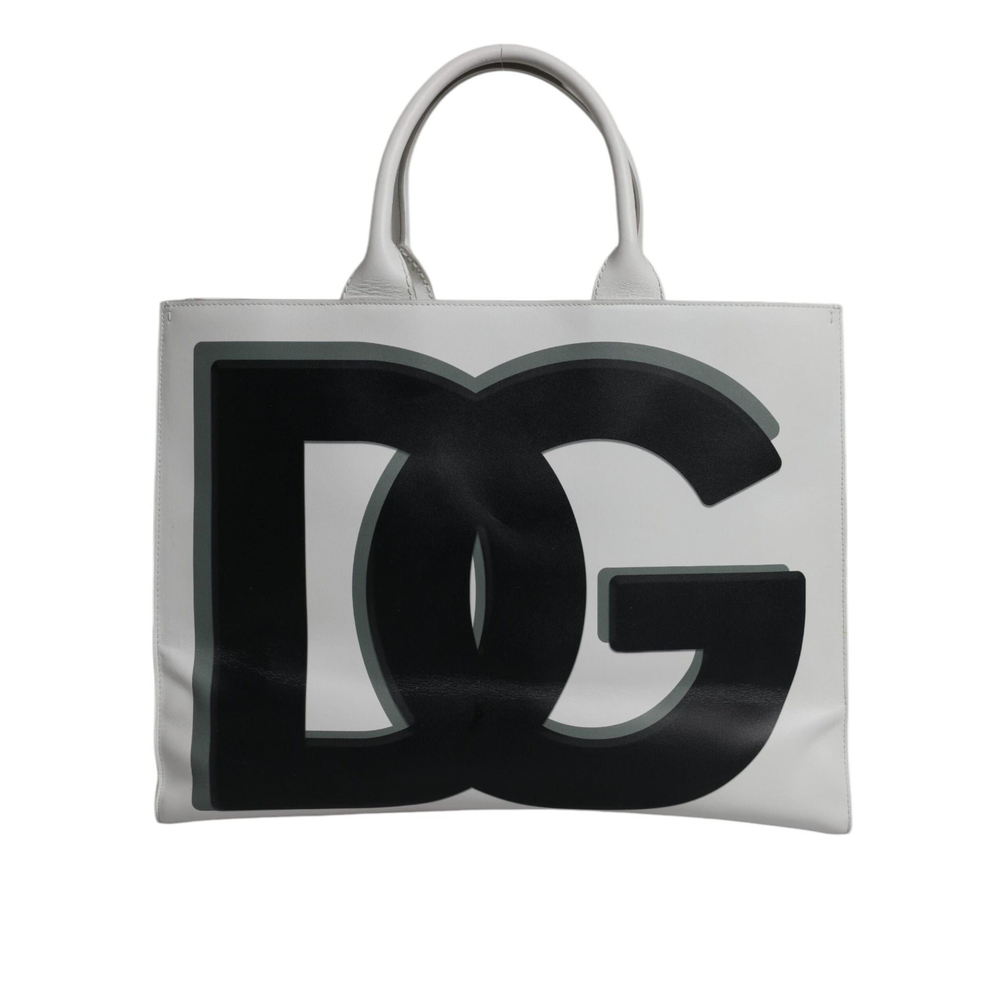 Dolce & Gabbana White Logo Print DG Daily Calfskin Shopping Tote Bag