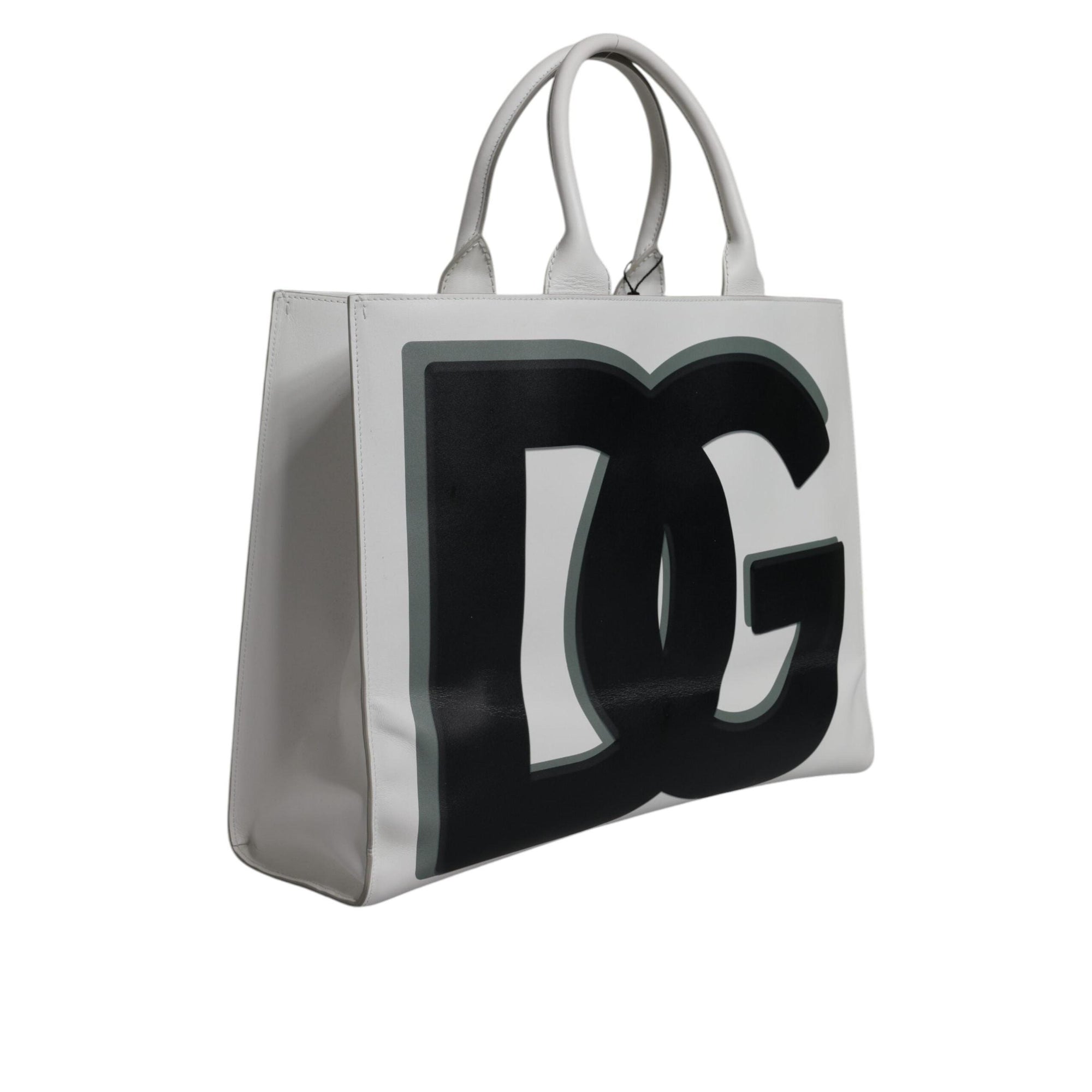 Dolce & Gabbana White Logo Print DG Daily Calfskin Shopping Tote Bag