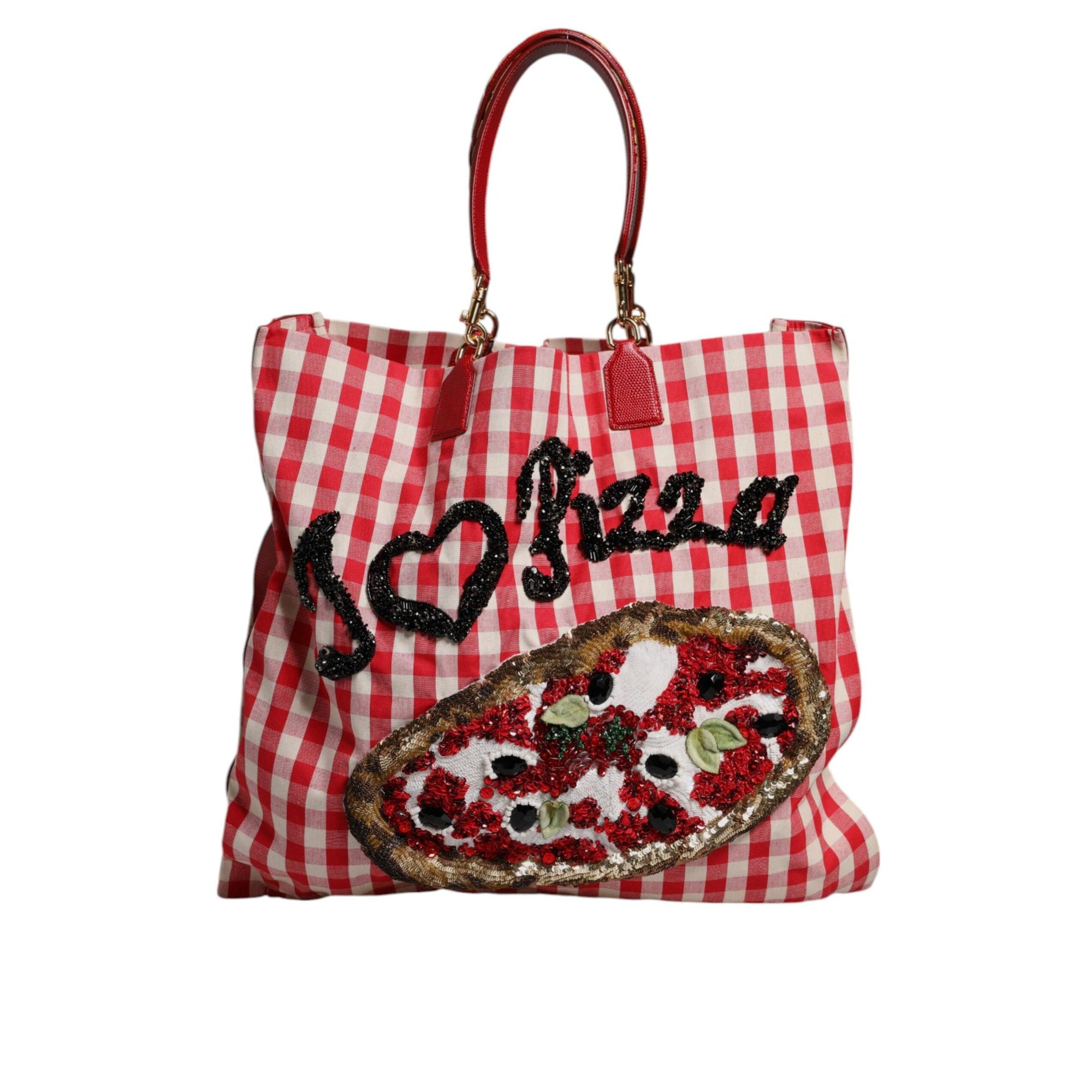 Dolce & Gabbana Red Checkered Embellished Shopping Tote Cotton Bag