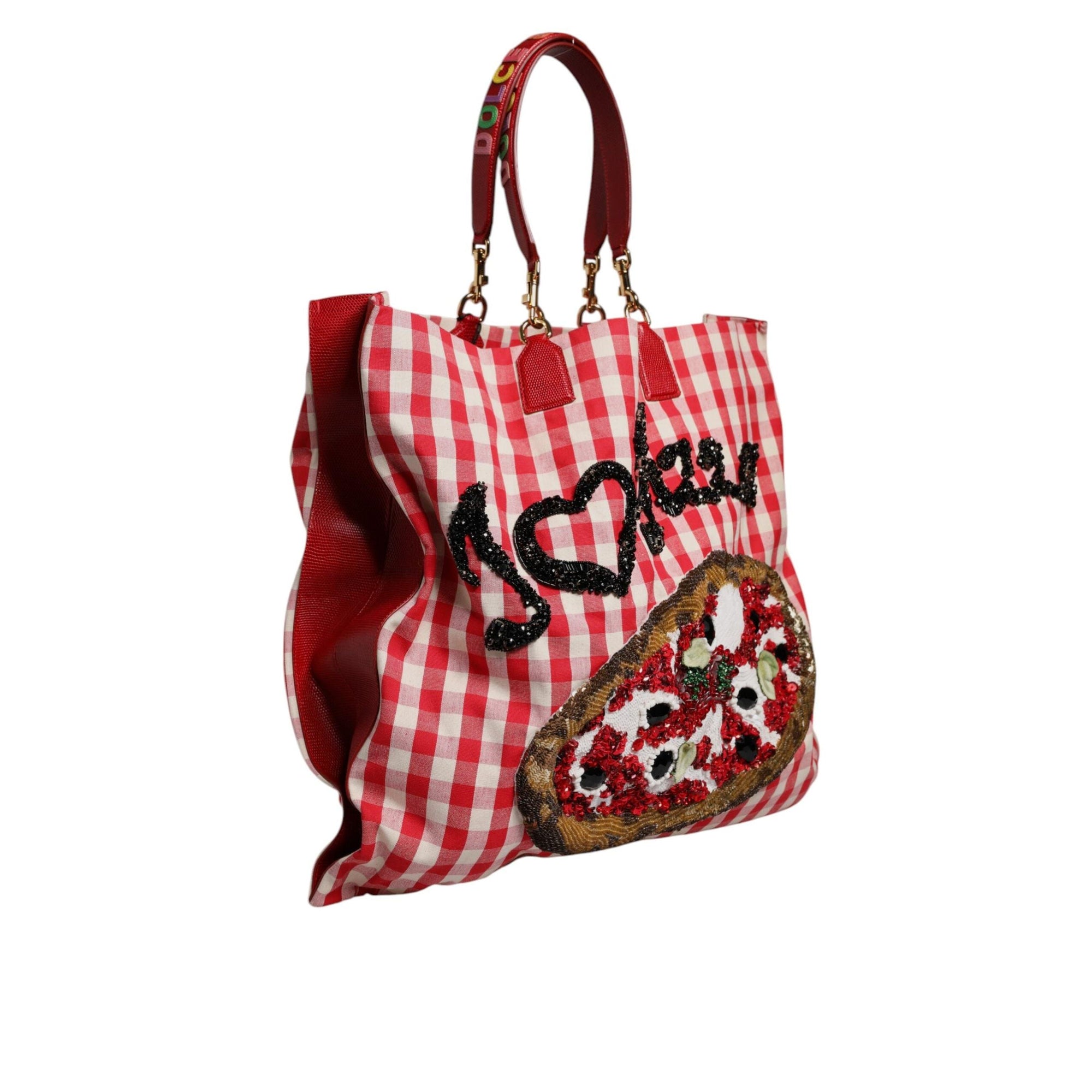 Dolce & Gabbana Red Checkered Embellished Shopping Tote Cotton Bag