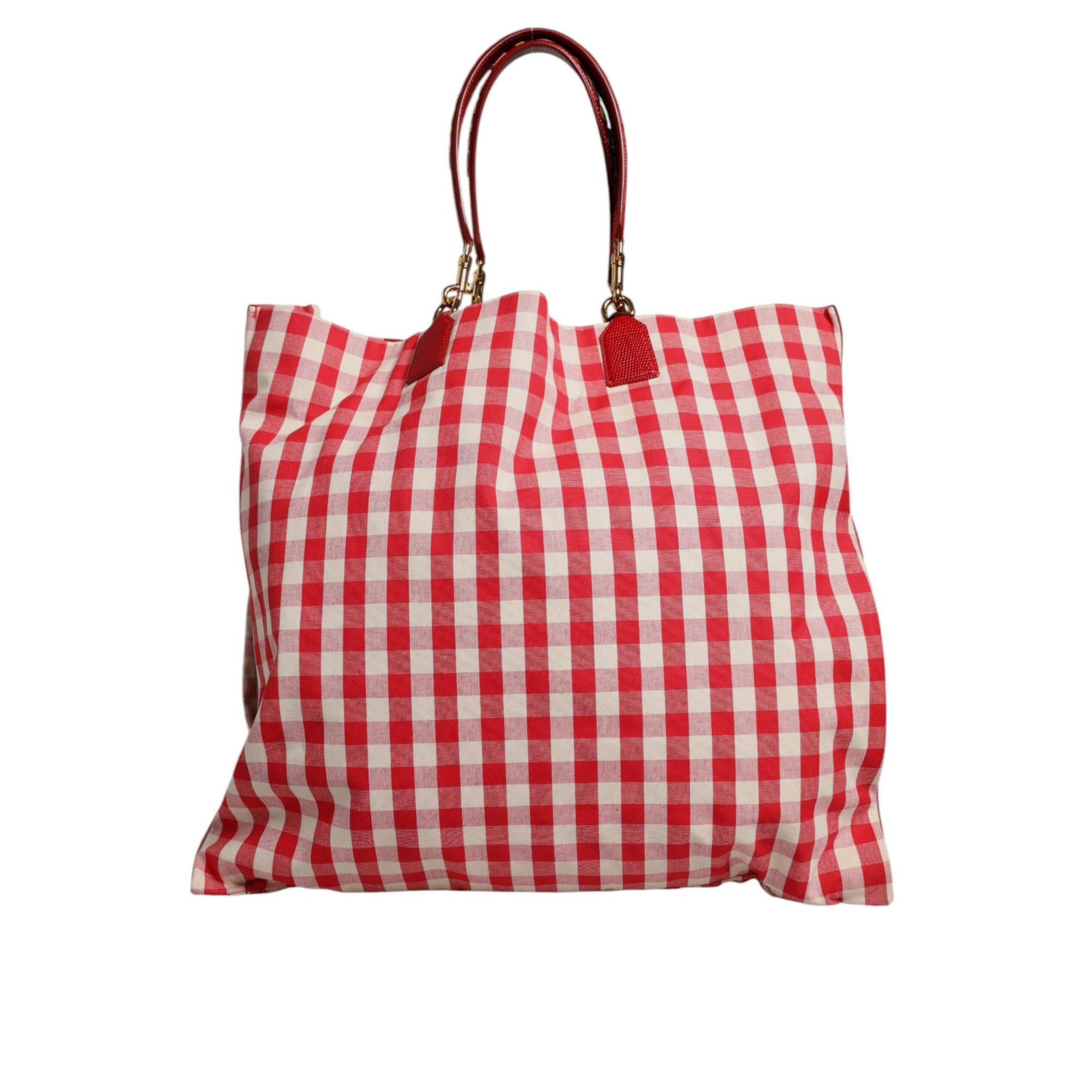 Dolce & Gabbana Red Checkered Embellished Shopping Tote Cotton Bag