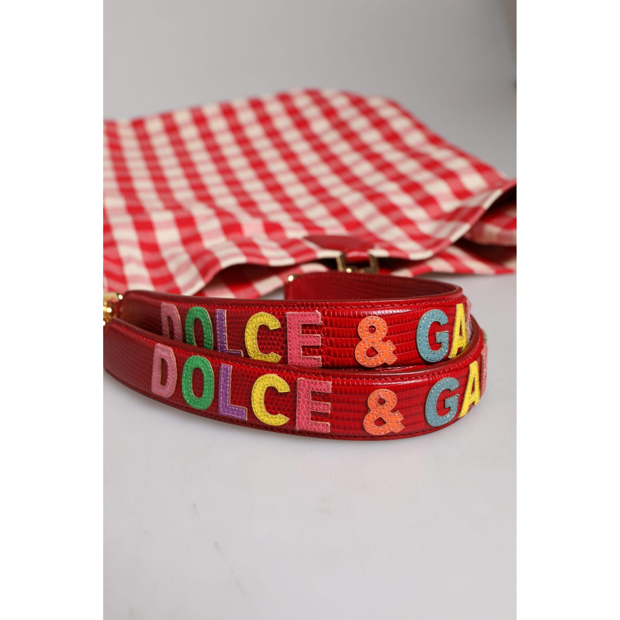 Dolce & Gabbana Red Checkered Embellished Shopping Tote Cotton Bag