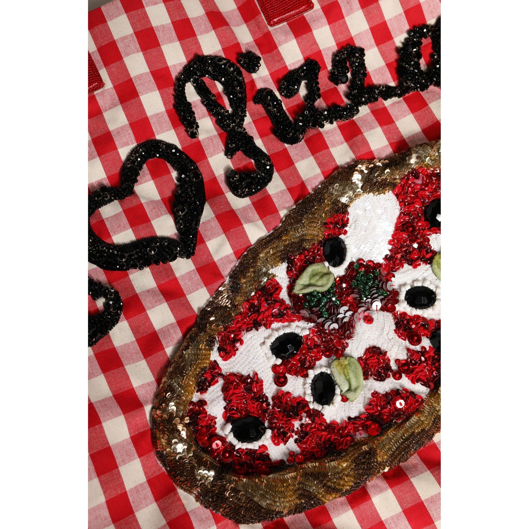 Dolce & Gabbana Red Checkered Embellished Shopping Tote Cotton Bag