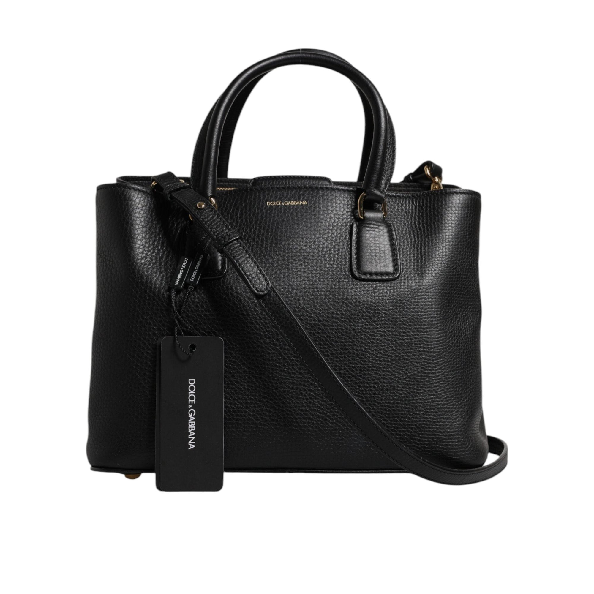 Dolce & Gabbana Black Calf Leather Logo Plaque Shoulder Handbag Bag