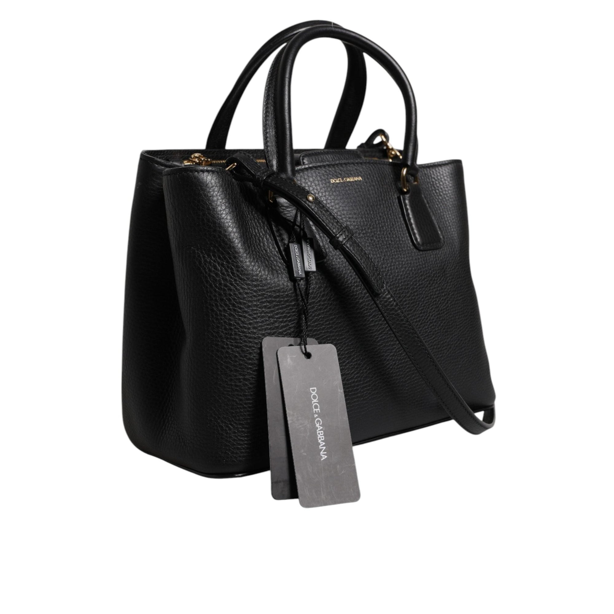 Dolce & Gabbana Black Calf Leather Logo Plaque Shoulder Handbag Bag