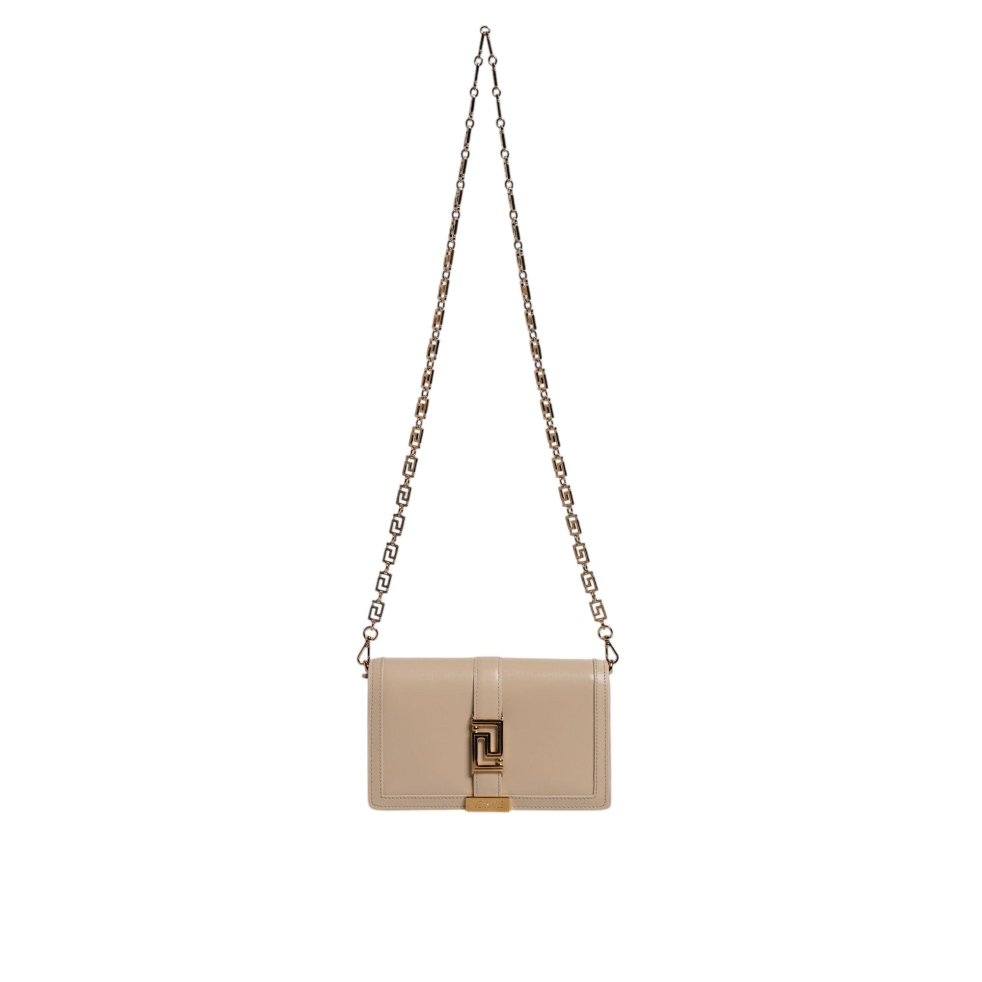 Versace Beige Gold Chain Calf Leather Wallet Crossbody Bag