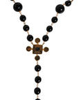 Dolce & Gabbana Gold Brass Black Beaded Chain Rosary Pendant Necklace