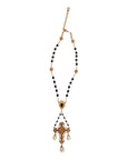 Dolce & Gabbana Gold Brass Black Beaded Chain Rosary Pendant Necklace