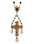 Dolce & Gabbana Gold Brass Black Beaded Chain Rosary Pendant Necklace