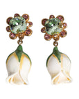 Dolce & Gabbana Brass White Flower Bloom Crystal Clip Dangling Earrings