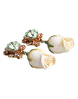 Dolce & Gabbana Brass White Flower Bloom Crystal Clip Dangling Earrings